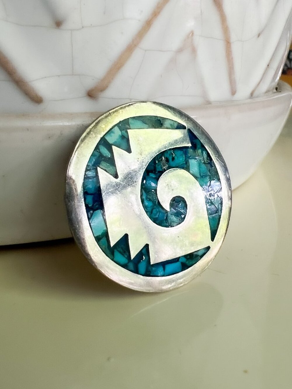 Vintage Taxco Sterling Silver Brooch Turquoise Mosaic Inlay
